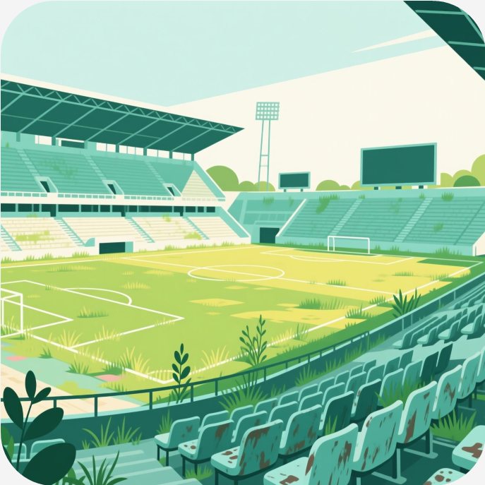 Ilustração de estádio de futebol abandonado, com mato no gramado e cadeiras enferrujadas